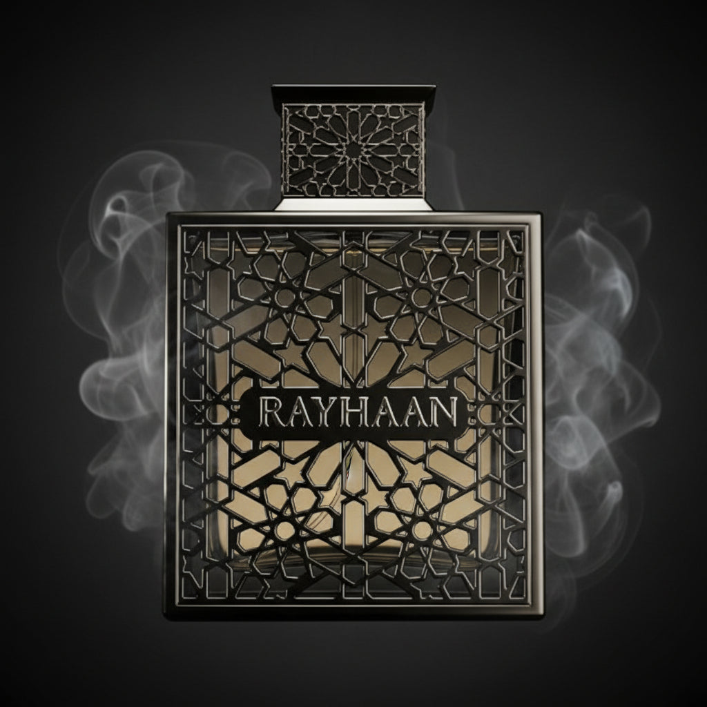 Black perfume bottle with 'RAYHAAN' text on a white background, featuring the Parfumo logo.