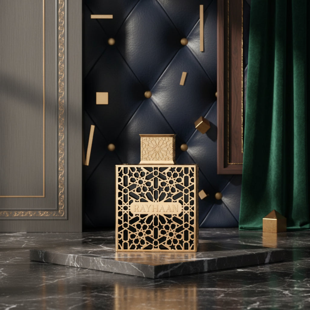 Perfume bottle with intricate design and 'RAYHAAN' branding on a white background