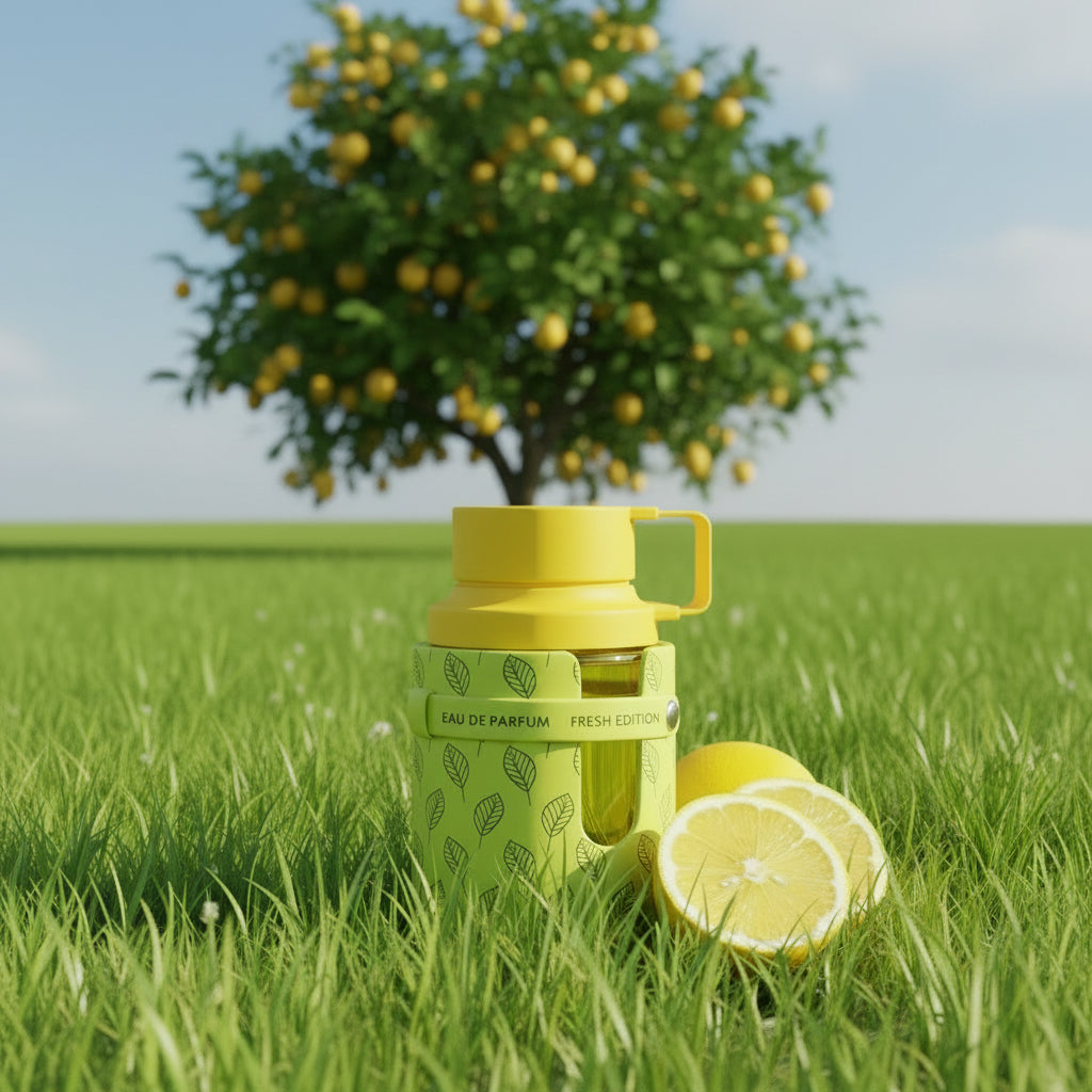 Yellow perfume bottle with leaf pattern on a white background armaf