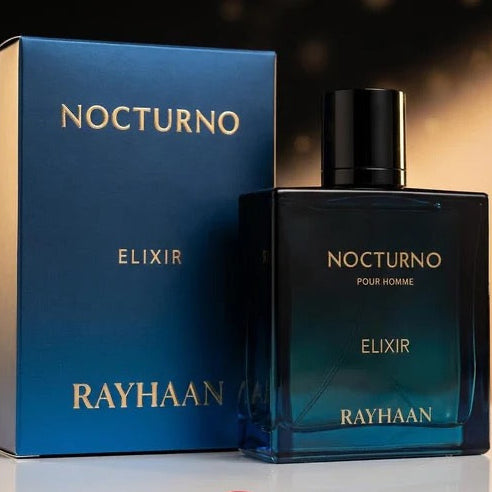 Rayhaan Nocturno Elixir perfume bottle and packaging on a reflective surface with a blurred background.