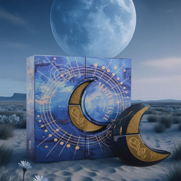 Decorative box with celestial design under a large moon in a desert landscape