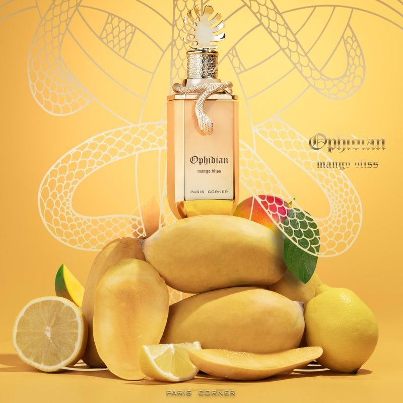 Perfume bottle labeled 'Ophidian' with mangoes and fruit slices on a yellow background