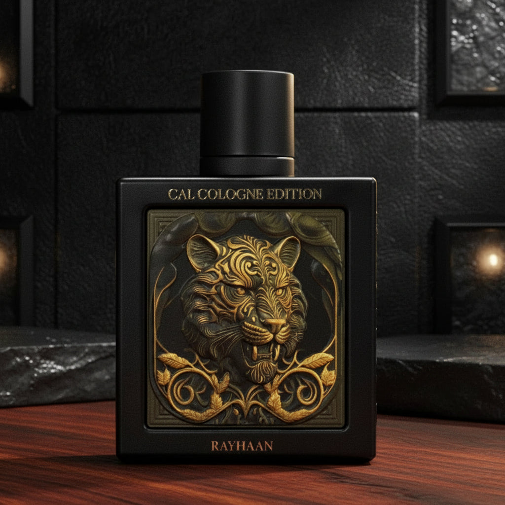 Perfume bottle with gold lion design on a white background