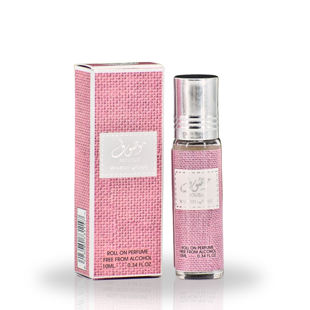Pink roll-on perfume bottle with matching packaging on a white background